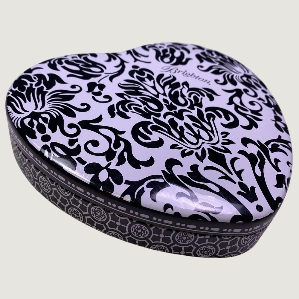Brighton Heart Shaped Metal Tin Box Black & White Jewelry Trinket Case With Lid
